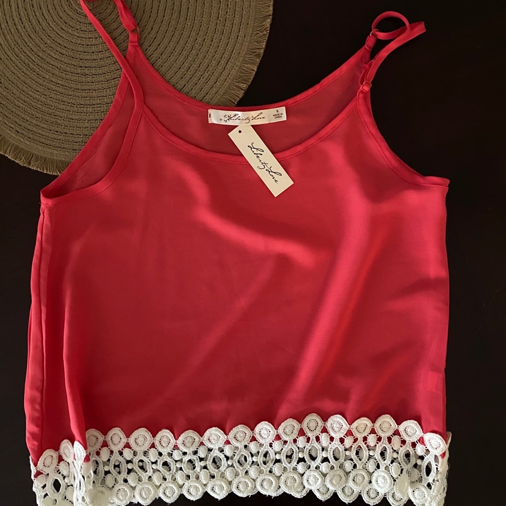 Bright Salmon/Red Lace Sheer Crop Tank New w Tags